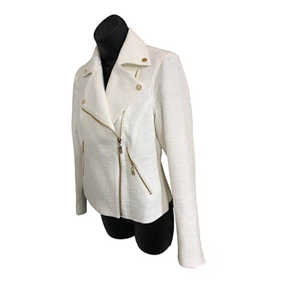 Anne Klein ecru boucle lookโ gold zippered moto jacket blazer size large new - Picture 16 of 17